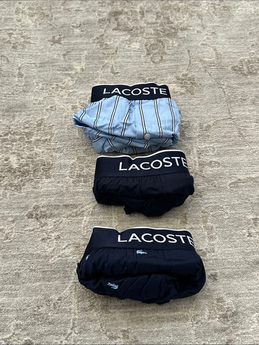 Lacoste Men's Large  3 pack of 100% Cotton Woven Boxers. Blue Shades. NWT’s.